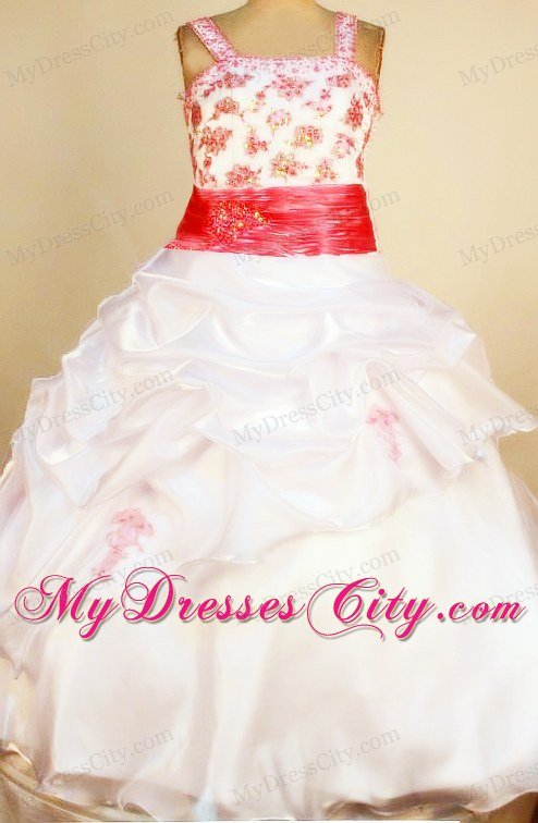 White Square Appliques Little Girl Pageant Dress with Red Belt