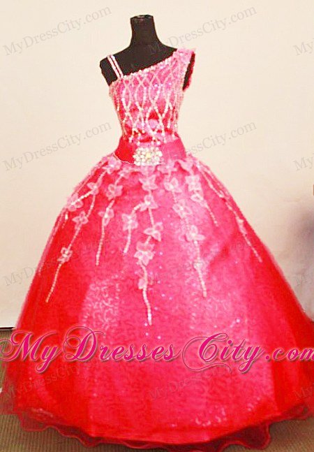 Asymmetrical Girl Pageant Dresses Coral Red Shoulder Applqiues