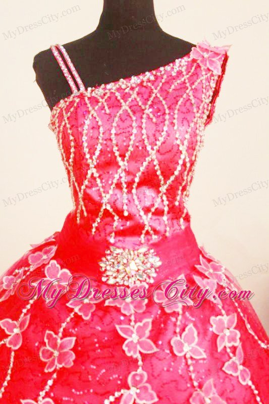 Asymmetrical Girl Pageant Dresses Coral Red Shoulder Applqiues