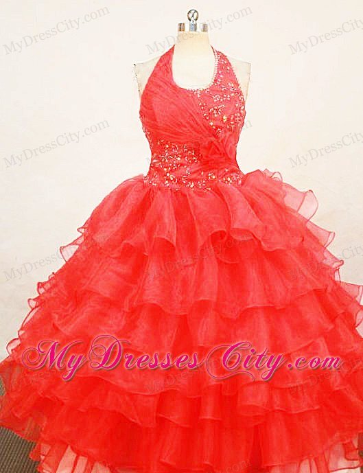 Ruffled Layers Red Little Girl Pageant Dresses Halter Top Organza