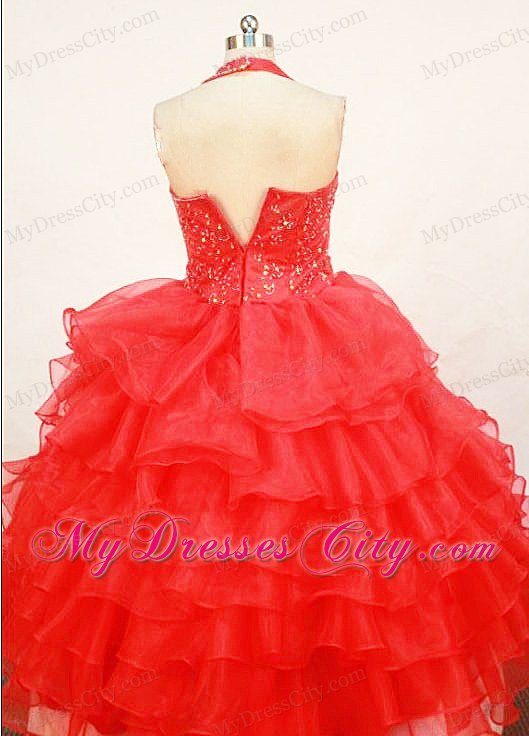 Ruffled Layers Red Little Girl Pageant Dresses Halter Top Organza