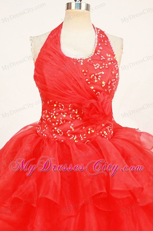 Ruffled Layers Red Little Girl Pageant Dresses Halter Top Organza