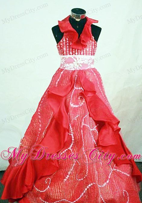 Petal Red Halter Organza Beaded Pageant Dresses for Little Girls