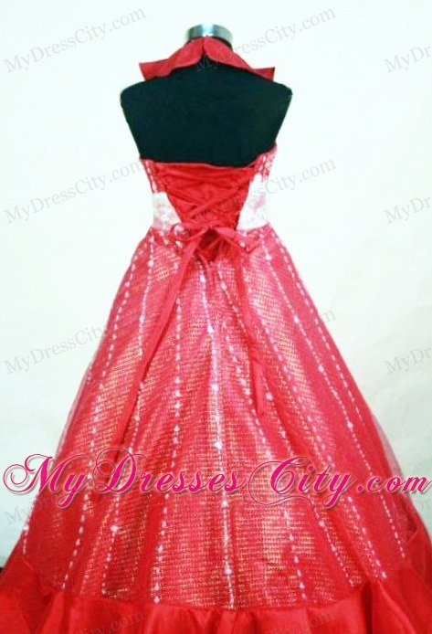 Petal Red Halter Organza Beaded Pageant Dresses for Little Girls