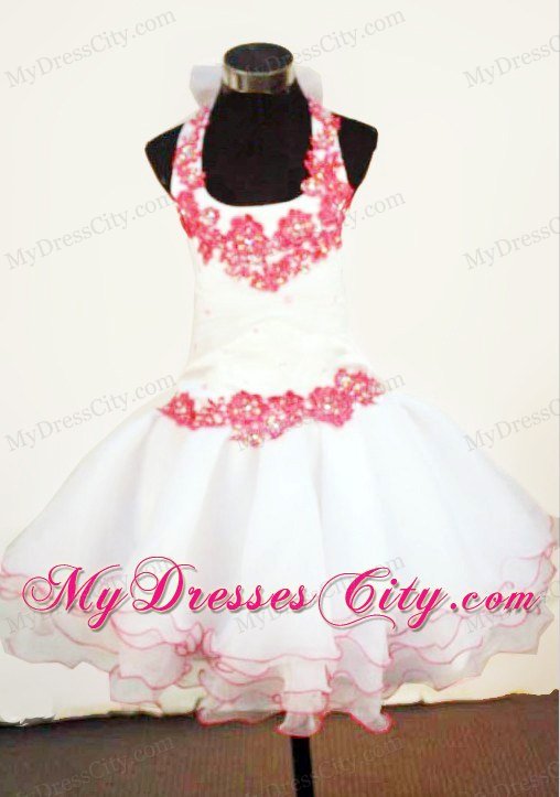 Red Floral Embellishment Halter White Flower Girl Pageant Dress