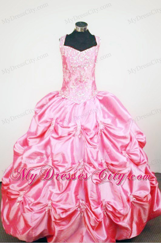 Straps Rose Pink Taffeta Beaded Lil Pageant Dress with Pick-ups