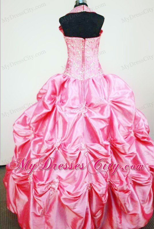 Straps Rose Pink Taffeta Beaded Lil Pageant Dress with Pick-ups