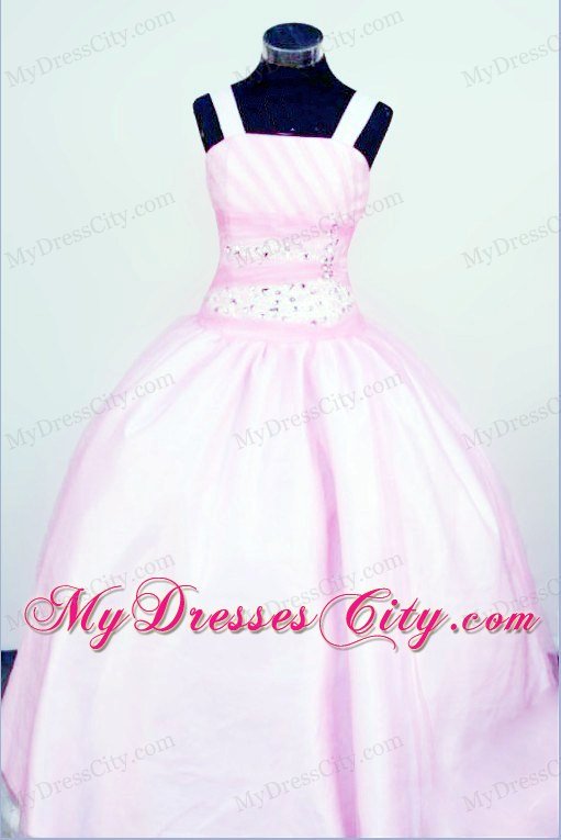 Organza Wide Straps Baby Pink Beaded Flower Girl Pageant Dresses