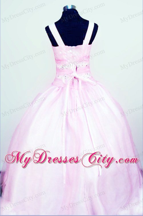 Organza Wide Straps Baby Pink Beaded Flower Girl Pageant Dresses