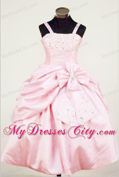 Taffeta Straps Baby Pink Beaded Little Girl Dresses with Bowknot