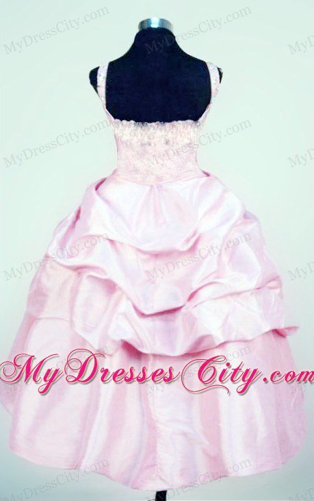 Taffeta Straps Baby Pink Beaded Little Girl Dresses with Bowknot