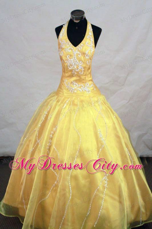 Appliques Yellow Halter Top Cool Back Little Girl Pageant Dresses