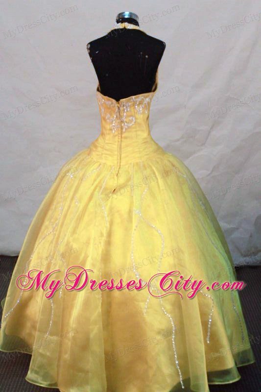 Appliques Yellow Halter Top Cool Back Little Girl Pageant Dresses