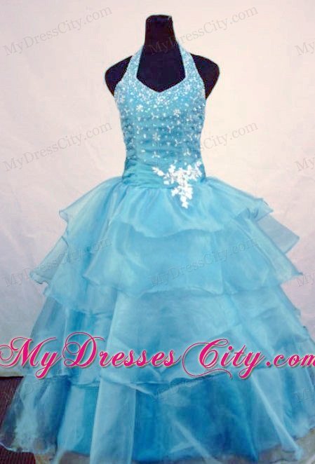 Light Blue Beading Halter Layered Pageant Dresses for Juniors