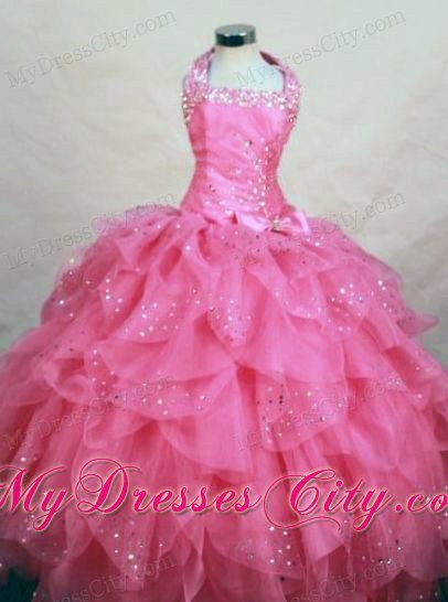 Layered Ruffles Halter Hot Pink Glitz Pageant Dress with Bowknot