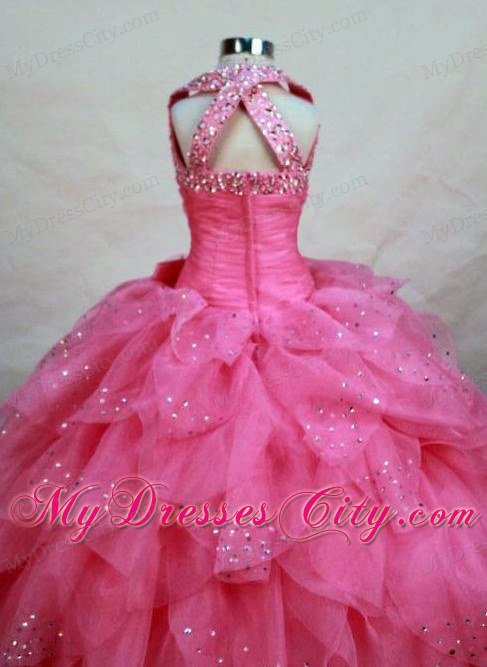 Layered Ruffles Halter Hot Pink Glitz Pageant Dress with Bowknot