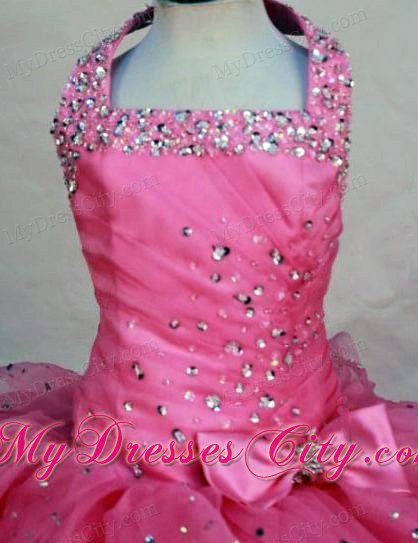 Layered Ruffles Halter Hot Pink Glitz Pageant Dress with Bowknot