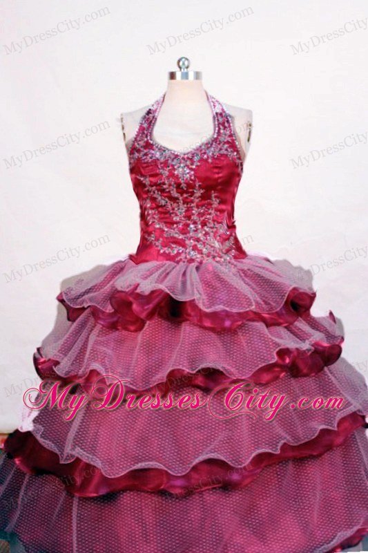 Layered Halter Fuchsia Beading Little Girls Pageant Dress