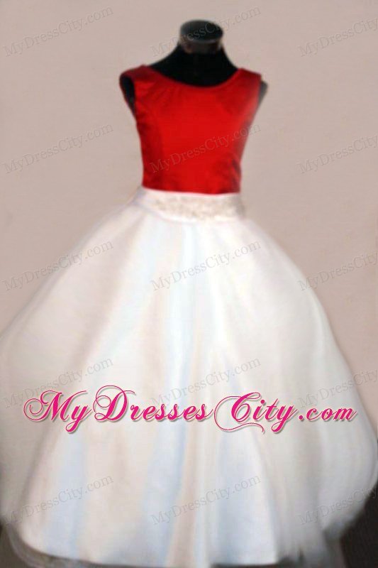 Scoop Satin A-line White and Red Beading Long Little Girl Pageant Dresses