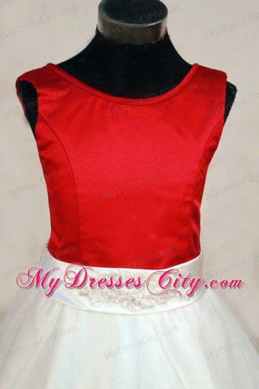 Scoop Satin A-line White and Red Beading Long Little Girl Pageant Dresses