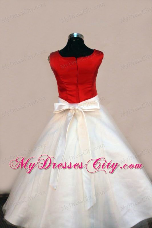 Scoop Satin A-line White and Red Beading Long Little Girl Pageant Dresses