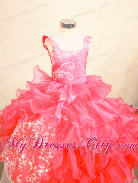 Square Organza Appliques Floor-length Red Little Girl Pageant Dresses