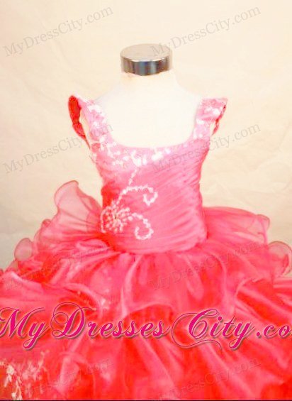 Square Organza Appliques Floor-length Red Little Girl Pageant Dresses