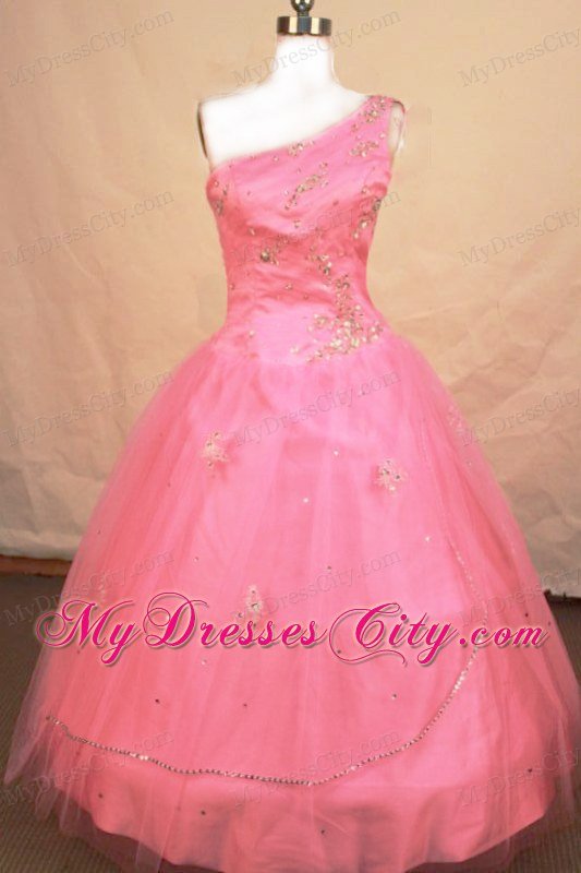 One Shoulder Floor-length Tulle Pink Beading Little Girl Pageant Dresses