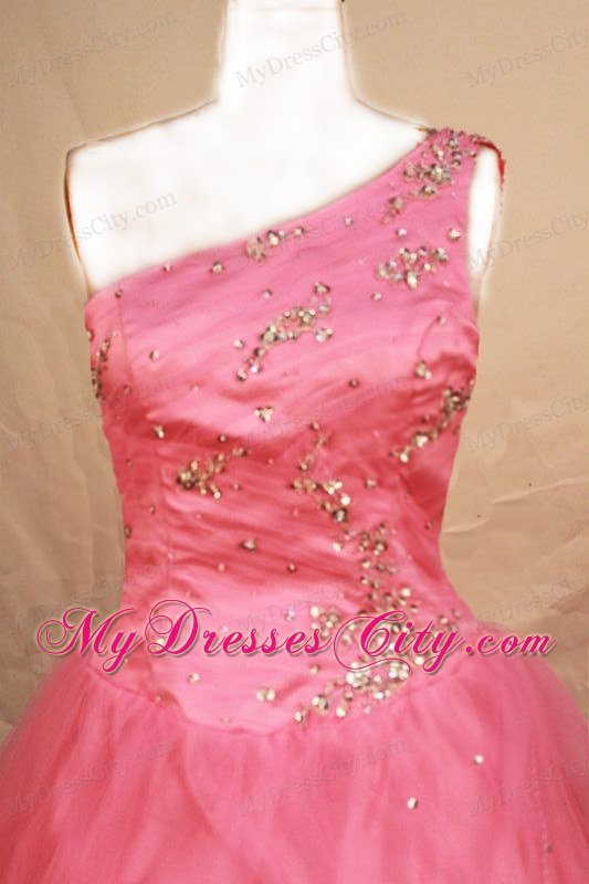 One Shoulder Floor-length Tulle Pink Beading Little Girl Pageant Dresses