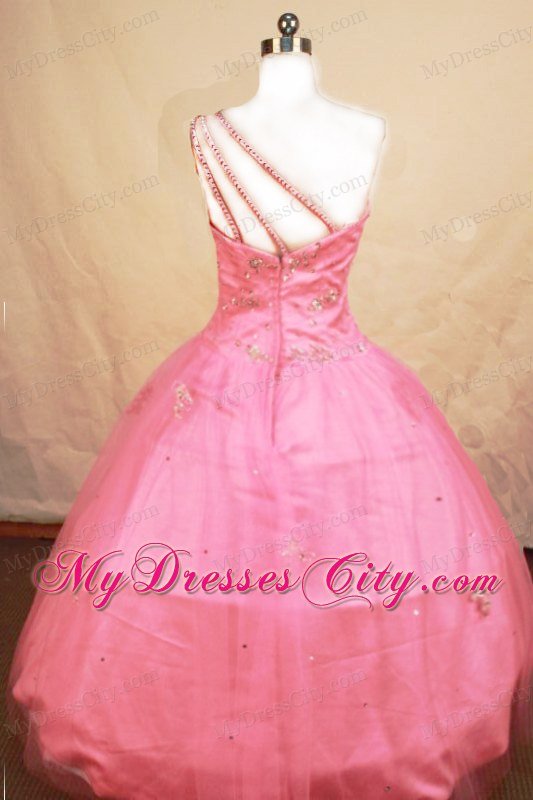 One Shoulder Floor-length Tulle Pink Beading Little Girl Pageant Dresses