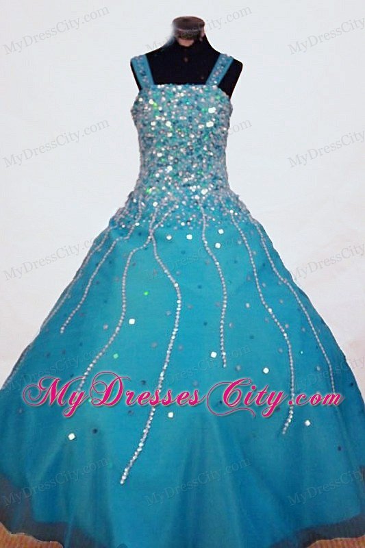 Straps Beading A-line Teal Little Girl Pageant Dresses Organza Floor-length