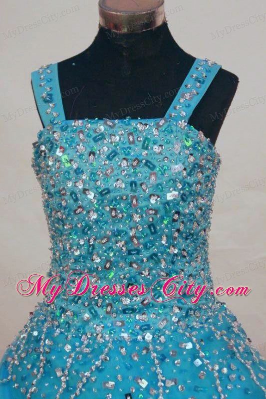 Straps Beading A-line Teal Little Girl Pageant Dresses Organza Floor-length