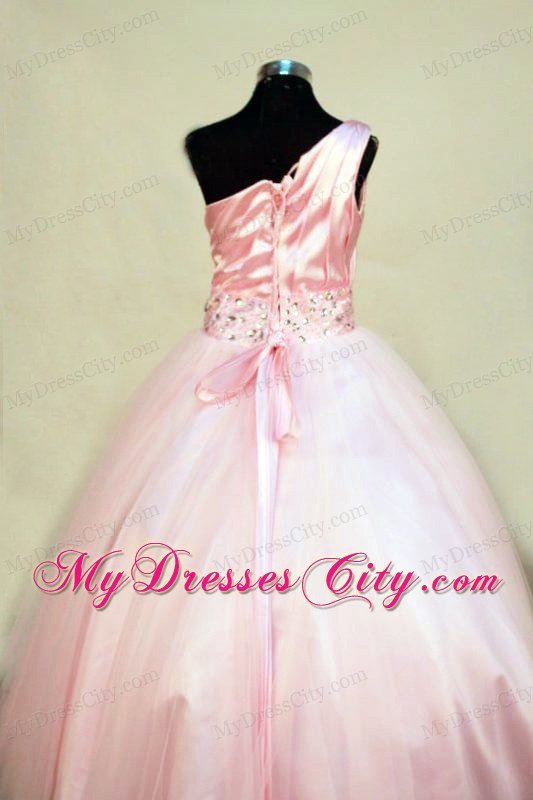 Tulle One Shoulder Beading Little Girl Pageant Dresses Floor-length Pink