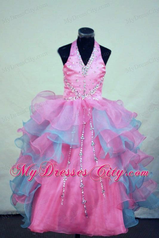 Beaded Halter Organza Floor-length Little Girl Pageant Dresses Colorful