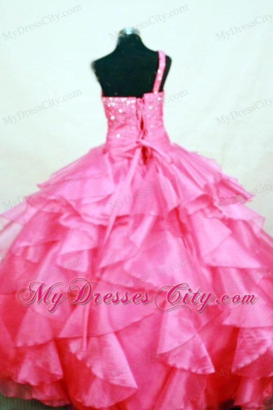 Ruffles Hot Pink Beading Little Girl Pageant Dresses with One Shoulder