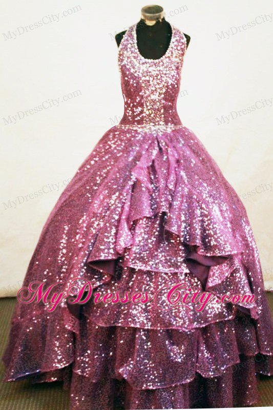 A-line Halter Sequins Little Girl Pageant Dresses Floor-length Fuchsia