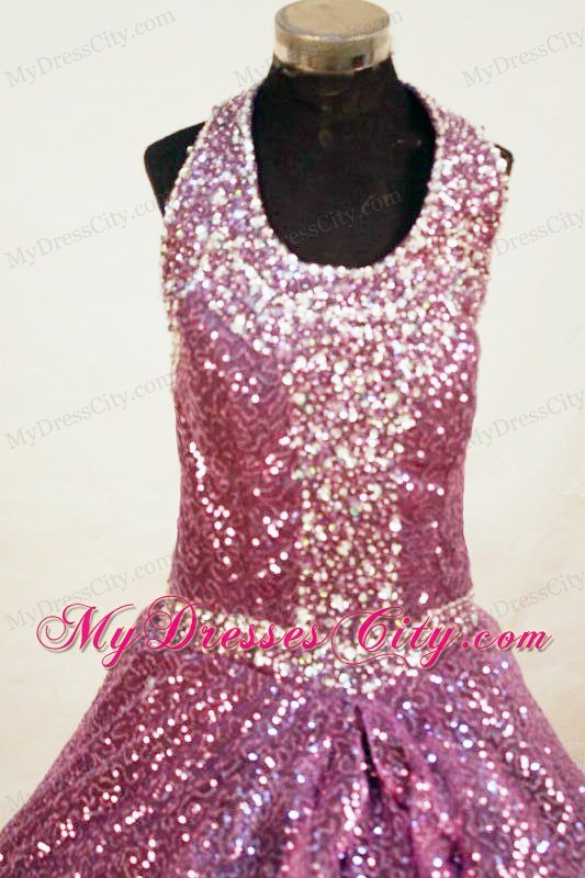 A-line Halter Sequins Little Girl Pageant Dresses Floor-length Fuchsia