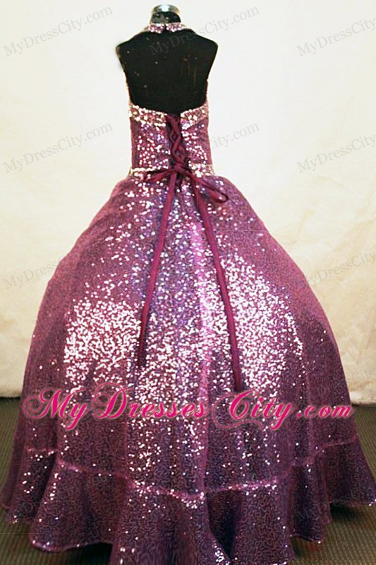 A-line Halter Sequins Little Girl Pageant Dresses Floor-length Fuchsia