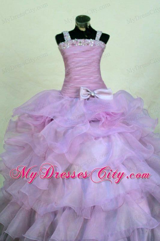 Straps Beading Organza Lavender Little Girl Pageant Dresses with Layers