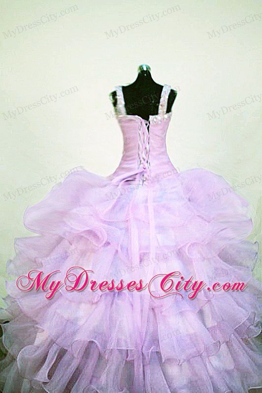 Straps Beading Organza Lavender Little Girl Pageant Dresses with Layers