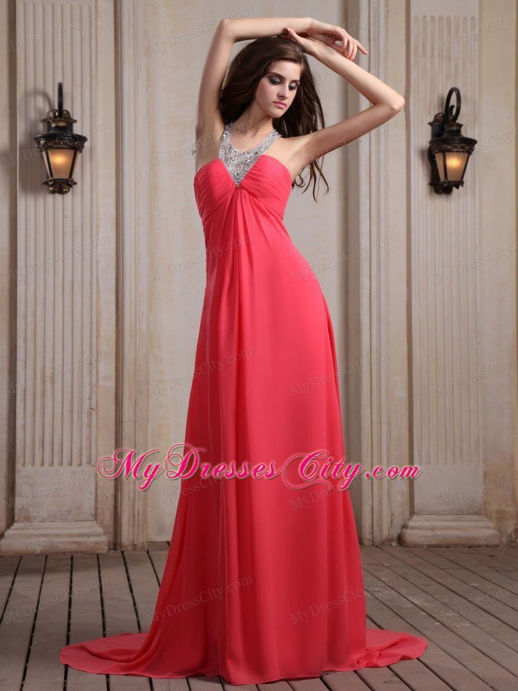 Coral Red Halter Top Beaded Maxi Graduation Dress with Train