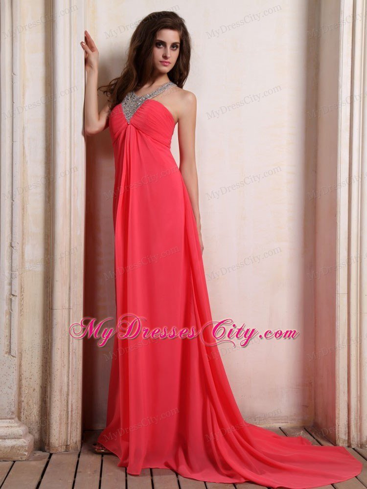 Coral Red Halter Top Beaded Maxi Graduation Dress with Train