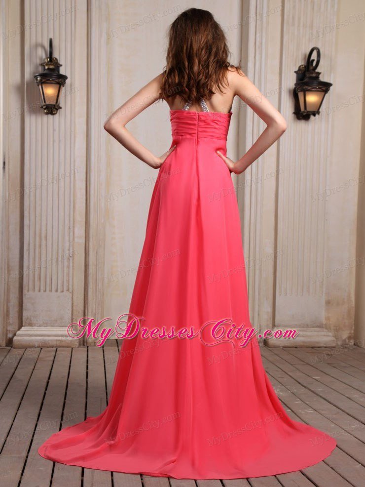 Coral Red Halter Top Beaded Maxi Graduation Dress with Train