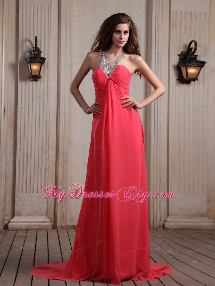 Coral Red Halter Top Beaded Maxi Graduation Dress with Train