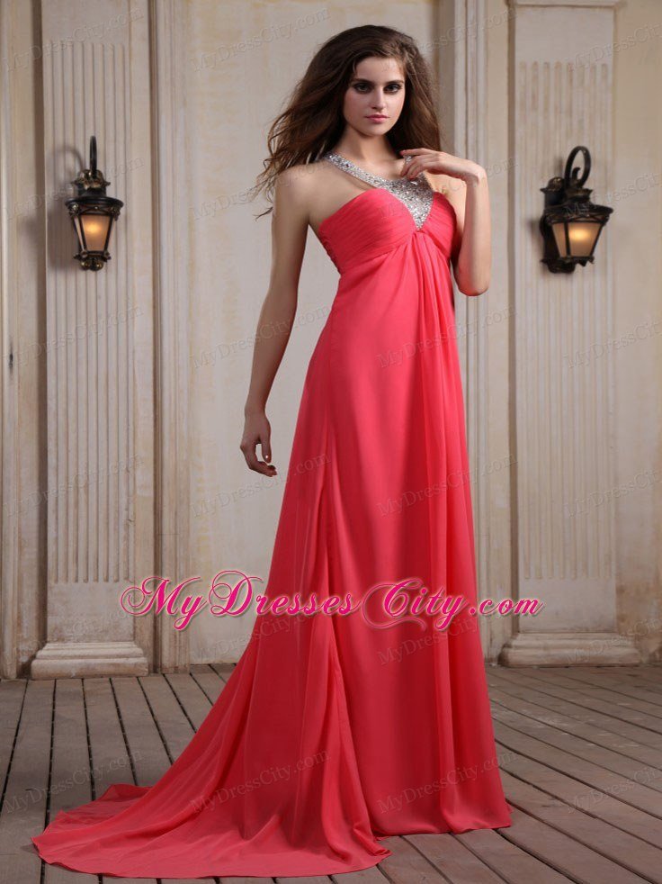 Coral Red Halter Top Beaded Maxi Graduation Dress with Train