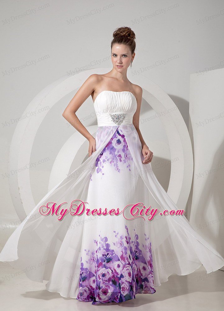 White Strapless Beading Prom Maxi Dress with Printing Flower