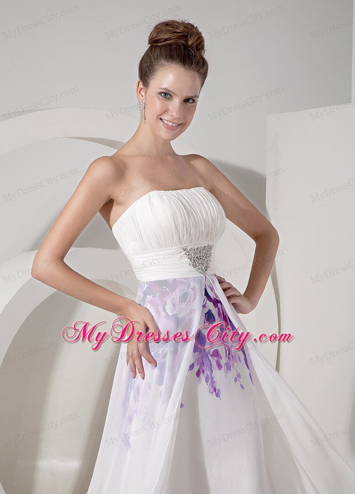 White Strapless Beading Prom Maxi Dress with Printing Flower