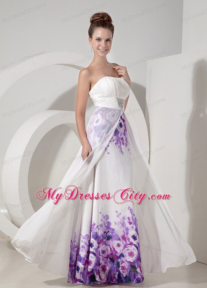 White Strapless Beading Prom Maxi Dress with Printing Flower