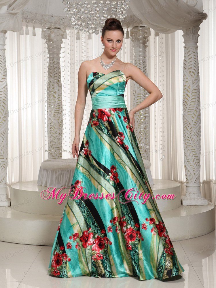 Colorful Printing Sweetheart Maxi Celebrity Dresses Zipper-up