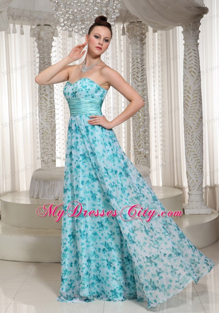 Sweetheart Printing Chiffon Maxi Dress for Prom with Sash